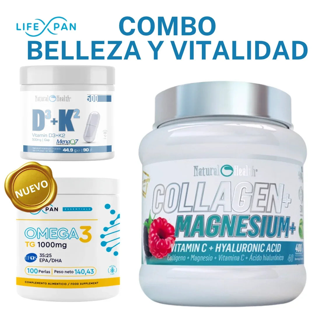 LifeXpan® Combo Belleza y Vitalidad | Colágeno + Magnesio + Ácido Hialurónico + Vitamina C + Omega 3 Ultra Puro IFOS + Vitamina D3 + K2 (MK-7 Patentada) | Piel Firme, Huesos Fuertes y Energía Celular