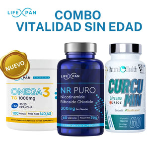 LifeXpan® Pack Longevidad Celular Premium | NR Puro 60 + Omega 3 Ultra Puro IFOS® + Curcumina Cursol® con BioPerine® | Energía Celular, Antiinflamación y Bienestar Total | 3 Suplementos con Patentes
