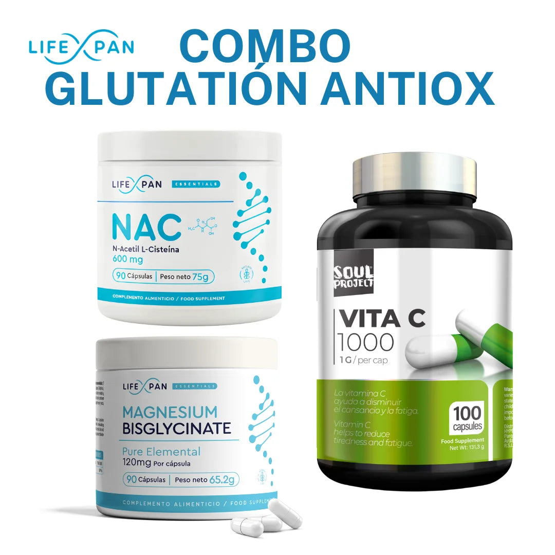 Combo Glutatión Antiox – NAC 600 mg + Bisglicinato de Magnesio + Vitamina C 1000 mg | Antioxidante, Detox y Energía Celular | 3 Suplementos Premium