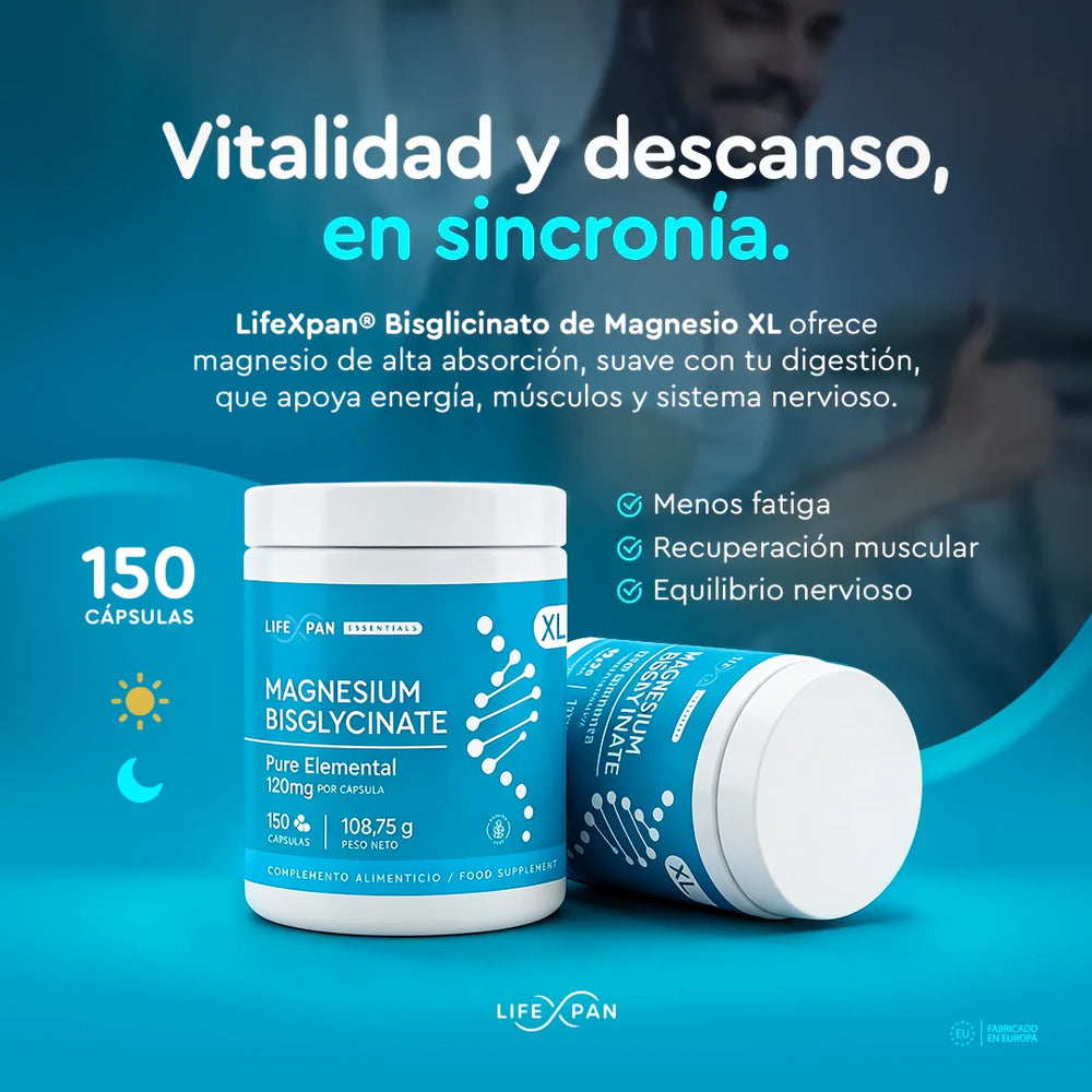 LifeXpan® Bisglicinato de Magnesio XL - 120 mg Puro Elemental | Energía, Estrés y Sueño Reparador | 150 Cápsulas Veganas