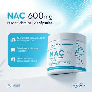 LifeXpan® NAC 600 mg – N-Acetilcisteína de Alta Pureza – 90 Cápsulas Vegetales | Precursor de Glutatión | Antioxidante Avanzado | Sin Gluten, Sin Lactosa | Fabricado en la UE