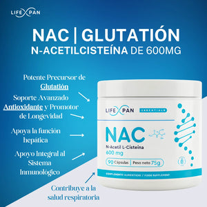 LifeXpan® NAC 600 mg – N-Acetilcisteína de Alta Pureza – 90 Cápsulas Vegetales | Precursor de Glutatión | Antioxidante Avanzado | Sin Gluten, Sin Lactosa | Fabricado en la UE