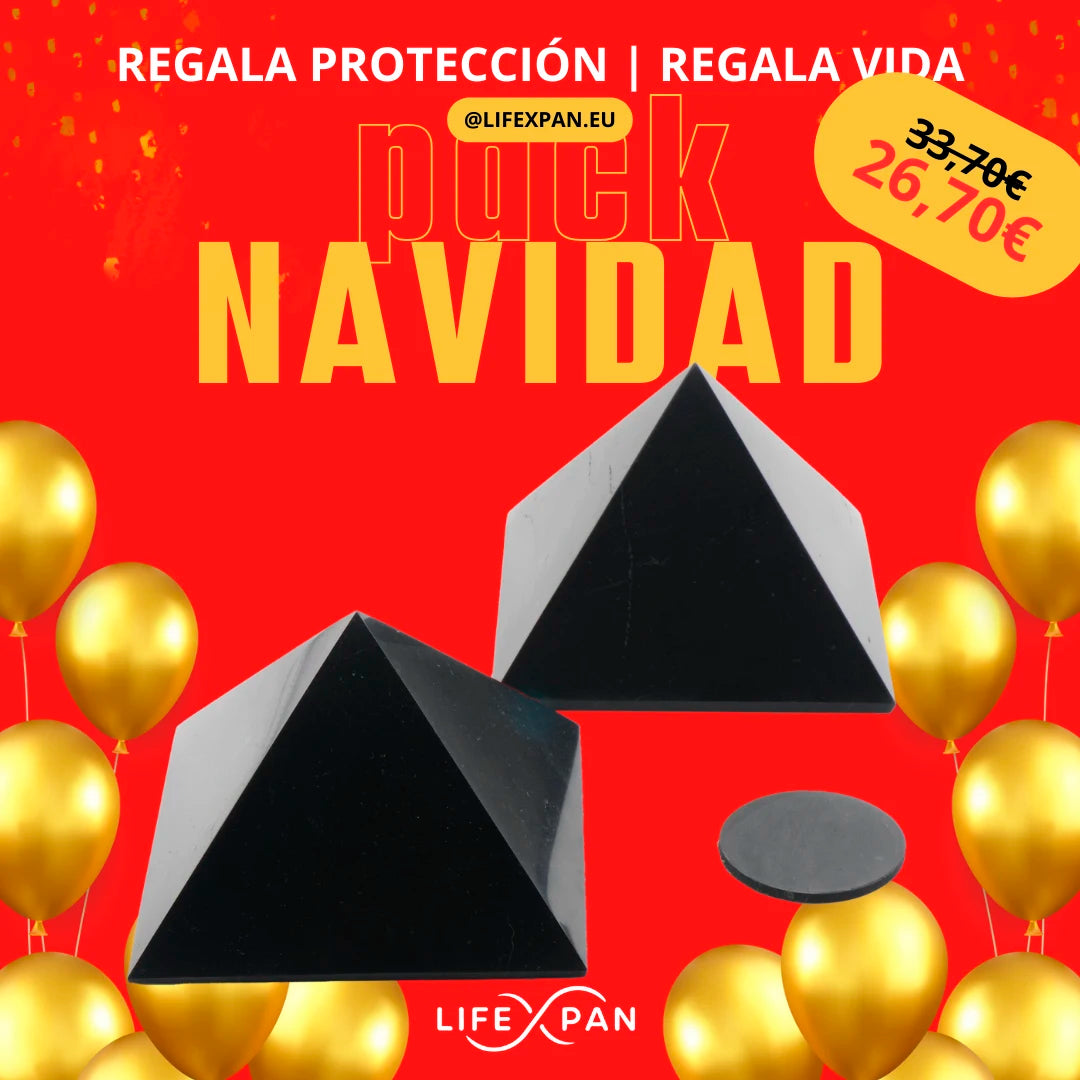 Pack 2 Pirámides Shungita Natural + Protección Móvil - LifeXpan® Quantum Shield