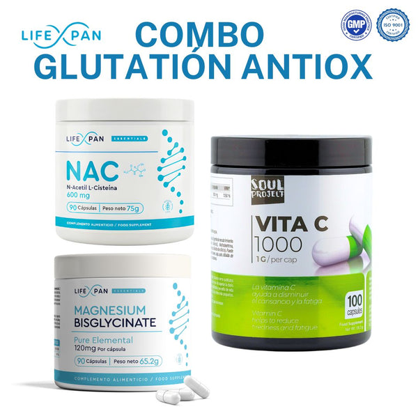 Combo Glutatión Antiox – NAC 600 mg + Bisglicinato de Magnesio + Vitamina C 1000 mg | Antioxidante, Detox y Energía Celular | 3 Suplementos Premium