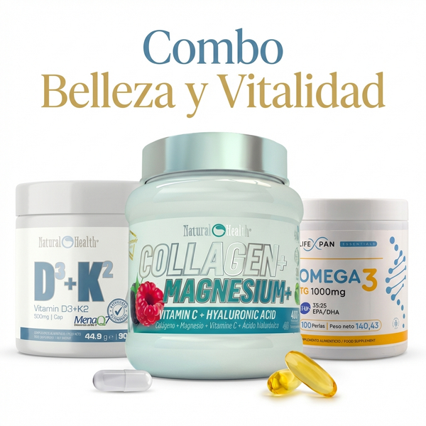 LifeXpan® Combo Belleza y Vitalidad | [ Colágeno con Ácido Hialurónico + Vitamina D3 y K2 (MK-7 Patentada) + Omega 3 Ultra Puro IFOS ] Piel Firme, Huesos Fuertes y Energía Celular