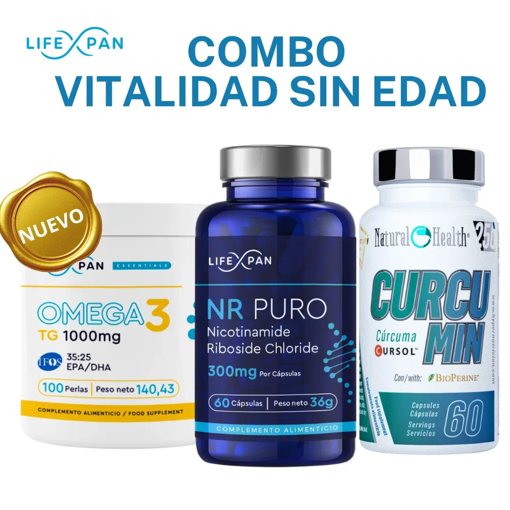 LifeXpan® Pack Longevidad Celular Premium | NR Puro 60 + Omega 3 Ultra Puro IFOS® + Curcumina Cursol® con BioPerine® | Energía Celular, Antiinflamación y Bienestar Total | 3 Suplementos con Patentes