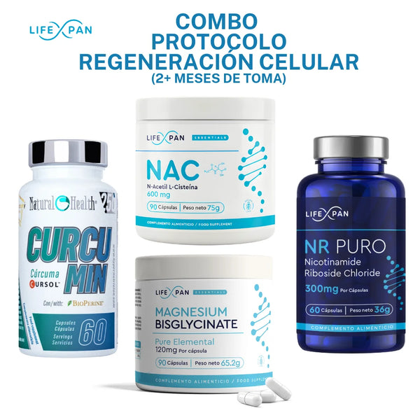 Combo Protocolo Regeneración Celular – NR Puro 60 (NAD+) + NAC + Curcumina Cursol® + Bisglicinato de Magnesio | Energía, Antioxidación y Longevidad Celular | 4 Suplementos Premium Sinérgicos