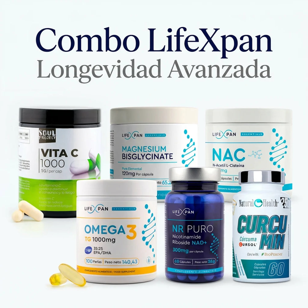 Combo Longevidad Avanzada – NR Puro 60 (NAD+) + Curcumina Cursol® + NAC 600mg + Magnesio Bisglicinato + Vitamina C 1000mg + Omega 3 Ultra Puro IFOS® | 6 Suplementos Premium Fabricados en España