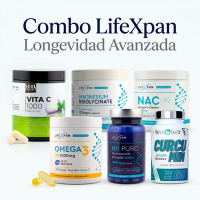 Combo Longevidad Avanzada - [ NR Puro 60 (NAD+) + Curcumina Cursol® + NAC 600mg + Magnesio Bisglicinato + Vitamina C 1000mg + Omega 3 Ultra Puro IFOS® ] 6 Suplementos Premium Fabricados en España