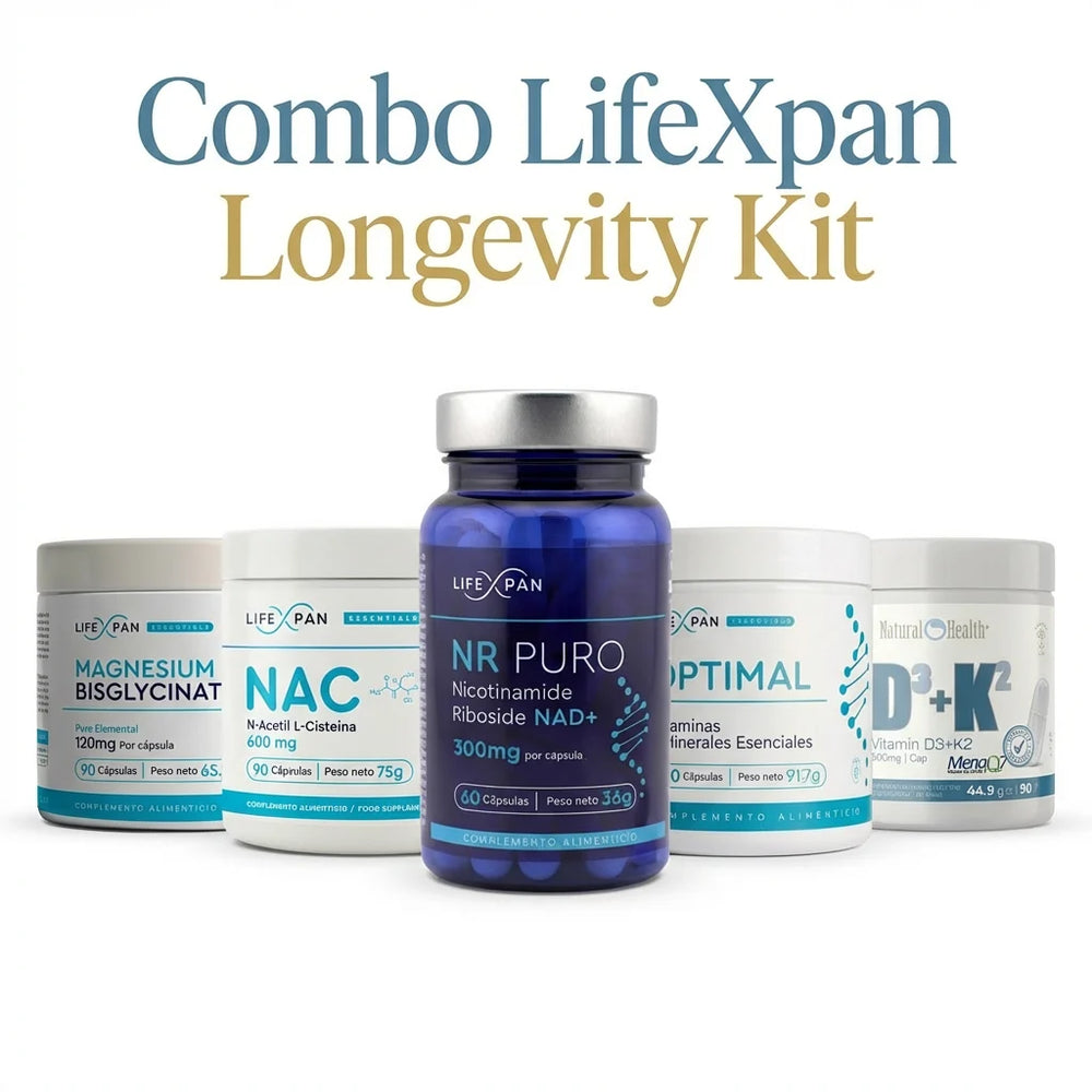 Combo LifeXpan Longevity Kit | Pack Avanzado de Longevidad | 5 Suplementos Premium [NAC + NAD (NR 60) + Vit D y K + Magnesio + Optimal] 60+ Días
