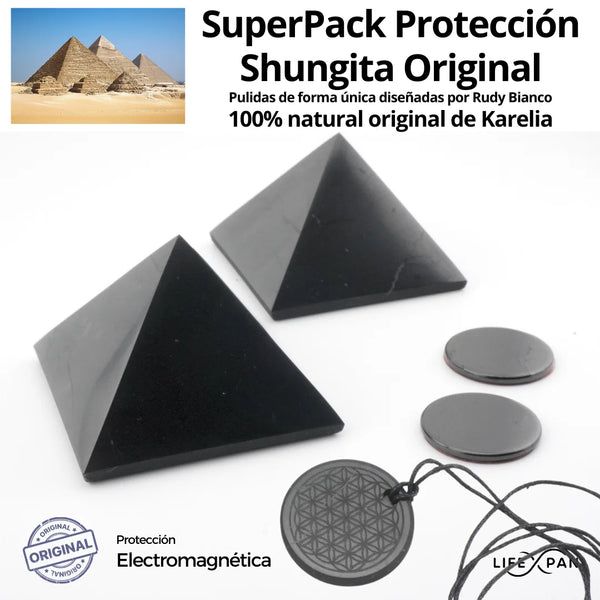 Super Pack x2 Shungita Pirámide 60mm Pulida + Colgante Flor de la Vida + x2 Protección Movil 28mm – Nuevo Diseño by Rudy Bianco | 100 % Original Natural de Karelia (Rusia) | Protección Electromagnética - LifeXpan® Quantum Shield