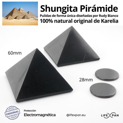 Pack x2 Shungita Pirámide 60mm Pulida + x2 Protección Movil 28mm – Nuevo Diseño by Rudy Bianco – 100 % Natural de Karelia (Rusia) | Protección Electromagnética + Activada | Geometría de Pirámide para Bienestar y Energía - LifeXpan® Quantum Shield