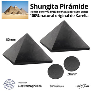 Pack x2 Shungita Pirámide 60mm Pulida + x2 Protección Movil 28mm – Nuevo Diseño by Rudy Bianco – 100 % Natural de Karelia (Rusia) | Protección Electromagnética + Activada | Geometría de Pirámide para Bienestar y Energía - LifeXpan® Quantum Shield