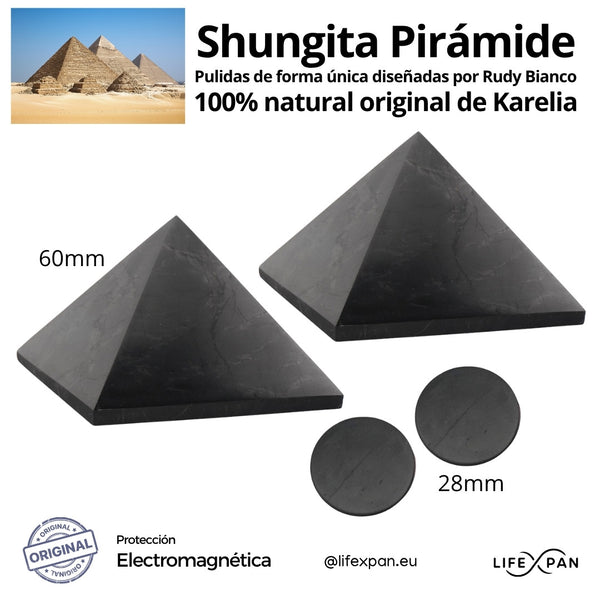 Pack x2 Shungita Pirámide 60mm Pulida + x2 Protección Movil 28mm – Nuevo Diseño by Rudy Bianco – 100 % Natural de Karelia (Rusia) | Protección Electromagnética + Activada | Geometría de Pirámide para Bienestar y Energía - LifeXpan® Quantum Shield