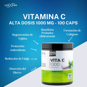 Vitamina C Alta Dosis 1000 mg – 100 Cápsulas | Refuerzo Inmunitario, Antioxidante y Antifatiga