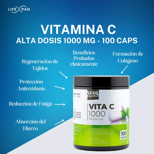 Vitamina C Alta Dosis 1000 mg – 100 Cápsulas | Refuerzo Inmunitario, Antioxidante y Antifatiga